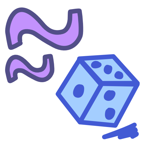 a blue die tipped on one of its corners with a blue shadow in front of sits next to two wavy purple lines. The image has dark line art.